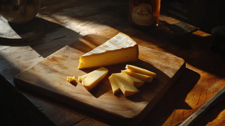 A cheese lover's scene featuring a wedge of Maasdam cheese with slices neatly laid out on a classic cutting board.の素材