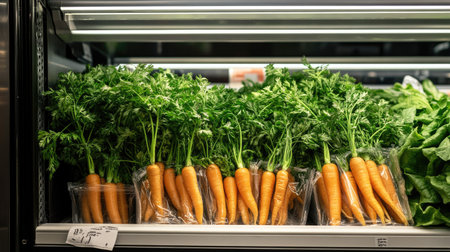 A bunch of organic orange carrots with bright green leaves, ready for sale at the supermarket, placed on a shelf.の素材