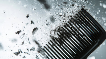 A close-up of a comb with loose hair strands scattered on a white surface, showing the effects of hair loss.の素材