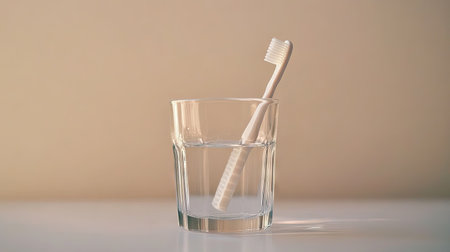 A clean toothbrush resting against a transparent glass filled with water, isolated on a neutral background.の素材