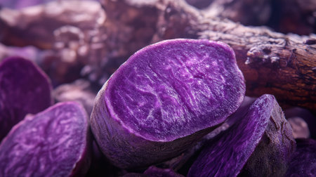 A close-up of a whole and sliced purple sweet yam, highlighting the deep purple flesh and textured skin.の素材
