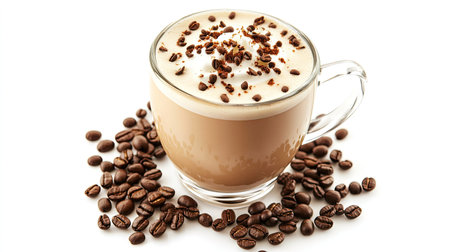 A close-up of a coffee cup with coffee beans scattered around it, all against a crisp white backdrop.の素材
