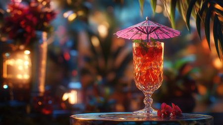 A close-up of a tropical cocktail in a tall glass, with a decorative umbrella, resting on a podium with soft lighting.の素材