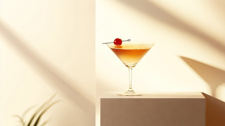 A close-up shot of a cocktail with an elegant garnish, resting on a podium with a clean, minimalist background.の素材