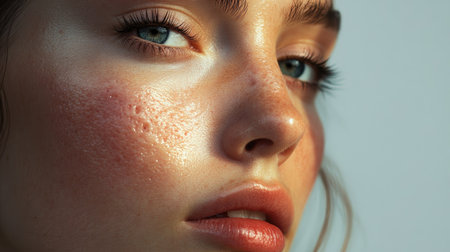A close-up image of a woman's face with acne, highlighting the pimples on her cheeks and jawline, on a simple background.の素材
