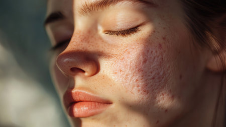 A close-up of a woman's face with visible pimples and blemishes, with soft natural lighting highlighting her skin.の素材