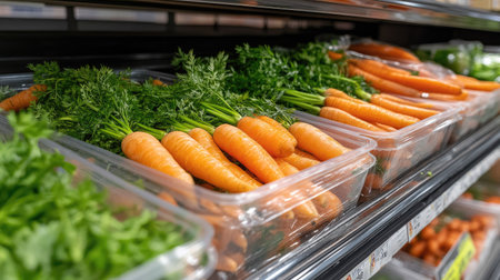 A close-up of organic orange carrots with fresh green tops, placed on a supermarket display shelf with natural lighting.の素材