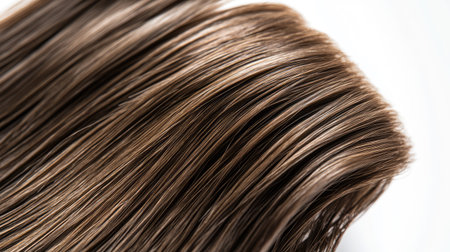 A close-up of a hairbrush with several hair strands, isolated on a white background, depicting hair fall.の素材