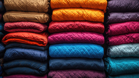 A collection of folded winter jackets in bright, bold colors, stacked neatly on a clothing store shelf for the season.の素材