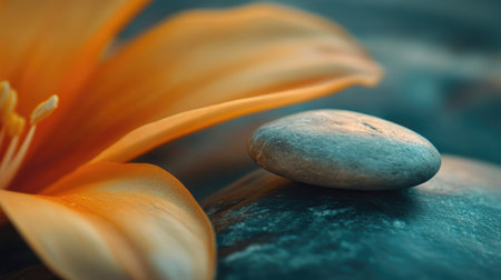 A close-up of a spa stone resting on a flower petal, emphasizing natural beauty and relaxation.の素材