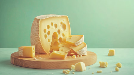 A classic cheese board display with a Maasdam cheese wedge, several slices, and a few scattered crumbs for realism.の素材