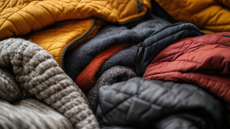 A close-up of a pile of cozy winter jackets in various styles, folded with care, ideal for chilly weather.の素材