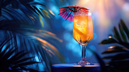 A close-up of a tropical cocktail in a tall glass, with a decorative umbrella, resting on a podium with soft lighting.の素材