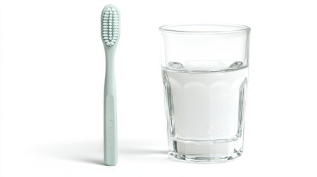 A close-up of a toothbrush with minty toothpaste beside a glass filled with fresh water, isolated on white.の素材