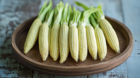A close-up shot of baby corn on a round wooden plate, showing its fine ridges and freshness.の素材
