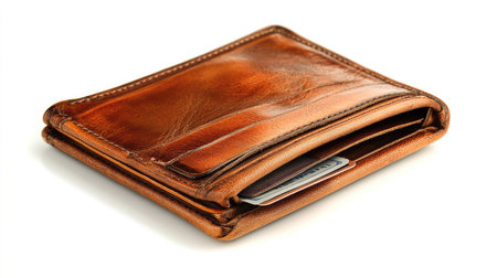 A classic brown leather wallet with an empty cash slot and cardholders, lying open and isolated on white.の素材