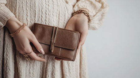 A close-up of a female hand with delicate jewelry holding a high-end wallet, isolated on a sleek white surface.の素材