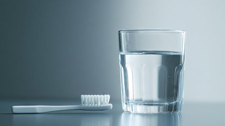 A close-up of a toothbrush and a clear glass of water, showcasing details of both items against a neutral backdrop.の素材