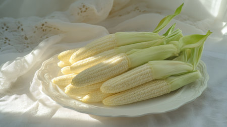 A close-up of fresh baby corn on a white plate, with soft shadows enhancing texture.の素材