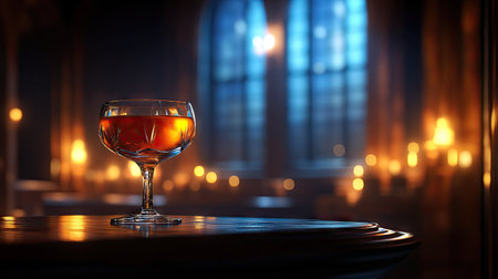 A close-up of a whiskey cocktail in a glass on a podium, surrounded by dim lighting to create a cozy ambiance.の素材
