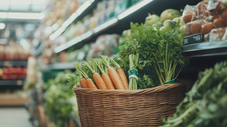 A close-up of organic carrots with fresh, bright green leaves, placed in a basket in the supermarket.の素材