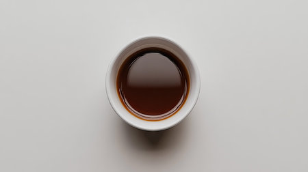 A close-up of a white coffee cup filled with coffee, isolated on a white background with a glossy finish.の素材