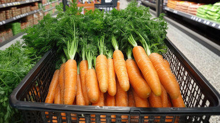 A close-up of organic carrots with fresh, bright green leaves, placed in a basket in the supermarket.の素材