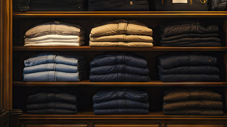 A close-up view of neatly folded, stacked winter jackets in a retail store, creating a warm and inviting atmosphere.の素材