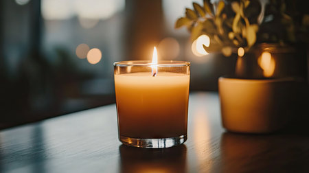 A close-up of a burning candle with a delicate flame, set against a sleek black background, creating a cozy ambiance.の素材