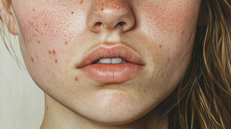 A close-up portrait of a woman with a few pimples on her forehead and chin, her natural skin tone and texture visible.の素材