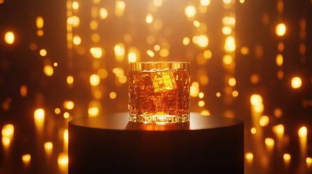 A close-up of a whiskey cocktail in a glass on a podium, surrounded by dim lighting to create a cozy ambiance.の素材