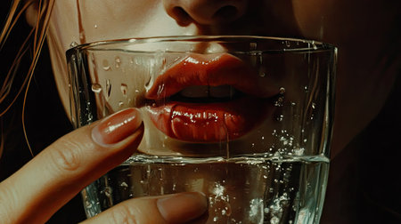A close-up of a woman's hand holding a glass of water, with her lips slightly touching the glass.の素材