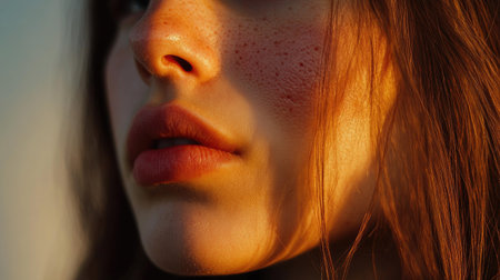 A close-up of a woman's face showing acne and pimples on her chin, with a soft-focus background.の素材