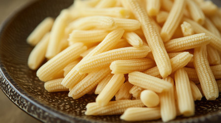 A close-up of fresh baby corn piled on a round plate, showcasing its delicate texture.の素材