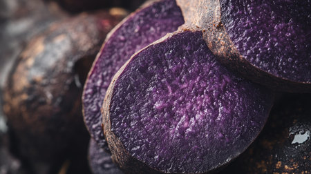 A close-up of a whole and sliced purple sweet yam, highlighting the deep purple flesh and textured skin.の素材