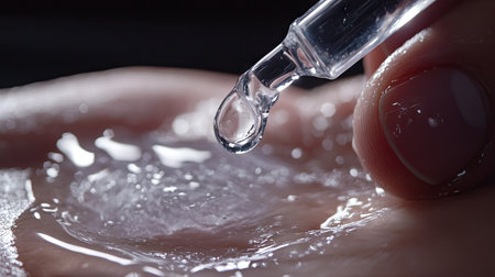 A close-up of a hand with clear serum being applied via a dropper, capturing the smooth texture of the liquid.の素材