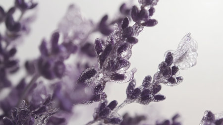 A close-up of lavender flowers on a sprig, showing intricate details against a white background.の素材