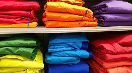 A collection of folded winter jackets in bright, bold colors, stacked neatly on a clothing store shelf for the season.の素材