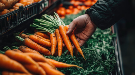 A close-up of a hand placing organic carrots in a shopping cart at the supermarket, with vibrant fresh produce in the background.の素材