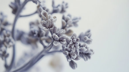 A close-up of lavender flowers on a sprig, showing intricate details against a white background.の素材