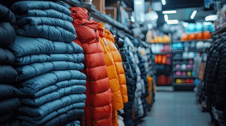 A close-up shot of piles of warm winter jackets stacked in a cozy retail store, ready for winter shoppers.の素材