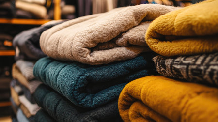A cozy stack of fleece-lined winter jackets, neatly folded in a clothing store, showcasing their softness and warmth.の素材