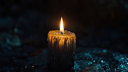 A close-up of a lit candle with a flickering flame, surrounded by darkness, creating a peaceful and serene atmosphere.の素材