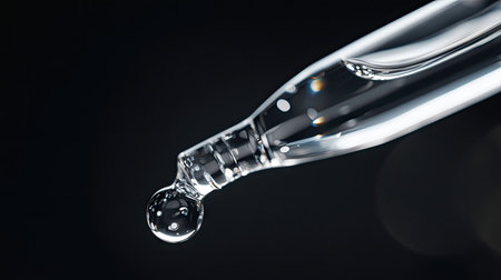 A close-up shot of clear serum dripping from a dropper onto a smooth hand, evoking skincare and rejuvenation.の素材