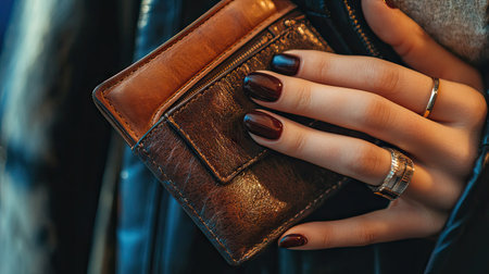 A close-up shot of a female hand with a glossy manicure holding a stylish, leather wallet with a unique design.の素材