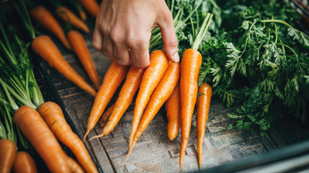 A close-up of a hand placing organic carrots in a shopping cart at the supermarket, with vibrant fresh produce in the background.の素材