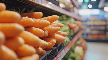 A close-up of organic carrots with smooth skin and vibrant orange color on the supermarket shelf, with a blurred background.の素材