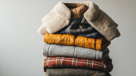 A cozy stack of winter jackets in various styles and fabrics, ready for cold weather, set against a neutral backdrop.の素材