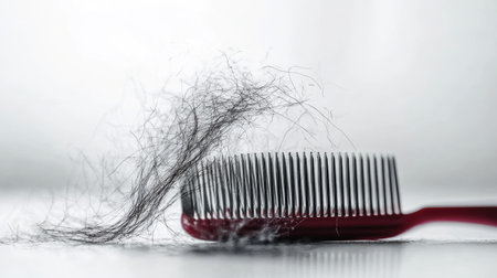 A comb with strands of hair falling from the bristles, scattered across a white surface, illustrating hair fall.の素材