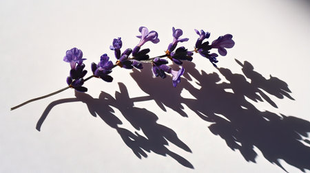 A delicate lavender sprig with rich purple flowers, casting a soft shadow on a white background.の素材